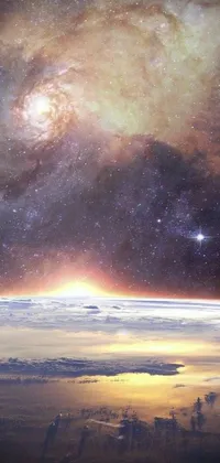 This live wallpaper features an image of earth from space with a galaxy and starry background