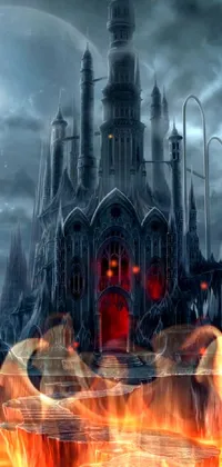 This gothic phone live wallpaper features a castle sitting atop a cliff overlooking a body of water