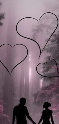 This phone live wallpaper features a serene forest setting with a romantic couple holding hands
