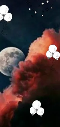This live wallpaper for mobile features colorful balloons against a full moon and red clouds in the background with various emojis for a playful touch
