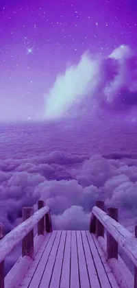 This live phone wallpaper features a digital art scene with a wooden bridge over a body of water under a purple sky