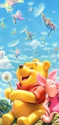 This adorable phone live wallpaper features two beloved cartoon characters - a yellow bear and a pink piglet - sitting next to each other in a peaceful and serene environment