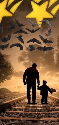 This phone live wallpaper features a dark and atmospheric scene with a man and child standing on a train track at night, surrounded by a swarm of bats