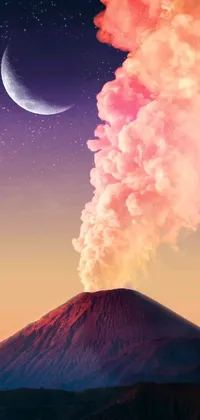 This phone live wallpaper features a close up of a volcanic landscape with a moon in the sky