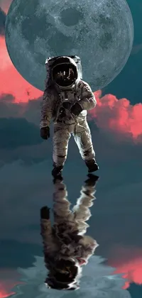 This phone wallpaper features a breathtaking digital art depiction of an astronaut floating in water with a giant moon in the background