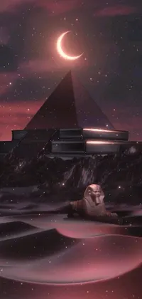 This mobile wallpaper depicts a stunning painting of a sphinx sitting in front of a pyramid against a surreal landscape