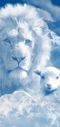This stunning phone live wallpaper captures a serene winter scene with a lion and lamb coexisting peacefully in the snow