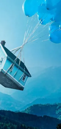 This stunning live wallpaper features a captivating digital art scene of a floating house held up by balloons