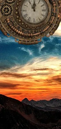 This eye-catching phone live wallpaper features a surreal and stunning scene - a clock hanging delicately from the side of a mountain, with a gorgeous sunset backdrop