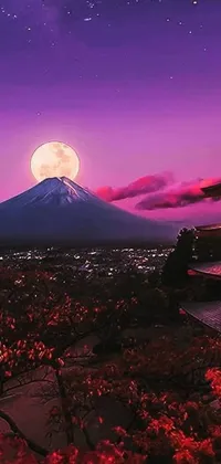 This Live Wallpaper captures a beautiful scene of a mountain, adorned with a glowing moon in the deep night sky