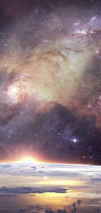 Get mesmerized by this visually stunning phone live wallpaper, featuring an exquisite view of the Earth amid a breathtakingly beautiful galaxy that stands out for its galactic light colors and twinkling and spiral nubela
