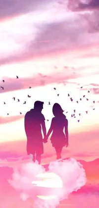 This stunning live wallpaper features a beautiful digital rendering of a romantic scene with a couple holding hands on top of a cloud at sunset