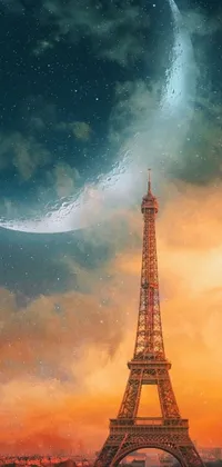 This phone live wallpaper portrays a nighttime painting of the Eiffel Tower with a surreal touch