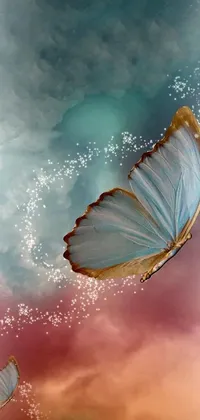 This live wallpaper features a stunning close up of a butterfly in flight, surrounded by magical, sparkling colored dust against a sky blue background