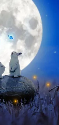 This phone live wallpaper features two rabbits sitting on a rock in front of a full moon