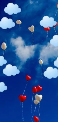 This phone live wallpaper features red and white balloons floating in the sky against a background of fluffy clouds