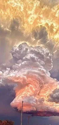 This phone live wallpaper features a striking image of a large cloud in a colorful orange fire sky, towering waves crashing on a shore, and palm trees in the foreground