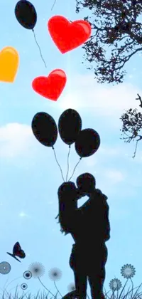 This stunning live wallpaper captures a romantic embrace as a couple kisses passionately under a tree surrounded by colorful balloons