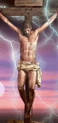 This stunning live wallpaper for your phone features a moving painting of Jesus on the cross, surrounded by lightning and a wooden sign declaring him as the son of God