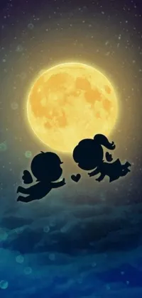 This phone live wallpaper depicts two children flying in front of a full moon, creating a dreamy and whimsical atmosphere