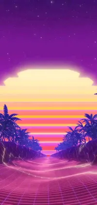 Transform your phone screen with this stunning live wallpaper featuring a sunset scene with palm trees in the foreground