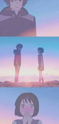 This stunning phone live wallpaper features beautifully animated anime characters, standing together in a distance shot against a breathtaking beach scene