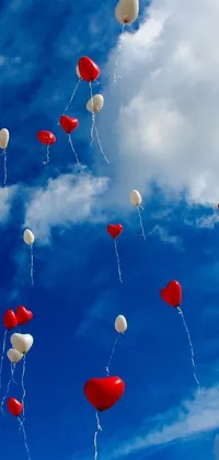 Looking for a lively and cheerful phone wallpaper? Check out this stunning collection of red and white heart-shaped balloons floating against a sky blue background