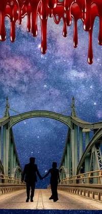 This phone live wallpaper showcases an eerie scene of two figures walking across a bloodstained bridge under the stars