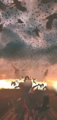 This stunning live wallpaper depicts a mesmerizing scene of birds flying in the sky against a blue horizon