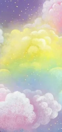 This live phone wallpaper features a stunning painting of clouds and stars in the sky, with a pastel background and soft rainbow