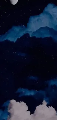 This phone live wallpaper showcases a mesmerizing night sky adorned with white clouds and an astonishing full moon as the centerpiece