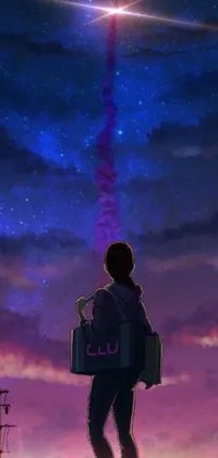 This phone live wallpaper depicts a solitary figure standing amidst a field of flowers and wild grasses; the backdrop is an imaginative galaxy pattern