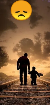 This live phone wallpaper showcases a beautiful scene of a father and child strolling down a train track in the moonlight