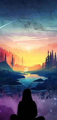 This live wallpaper captures a serene scene of a person meditating in front of a stunning sunset painting overlooking a vast forest