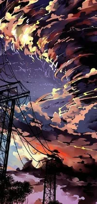 This phone live wallpaper showcases a colorful explosion amidst a sky filled with clouds and power lines