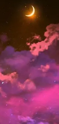 This live wallpaper depicts a breathtaking night sky with fluffy pink anime clouds floating by in a digital art style