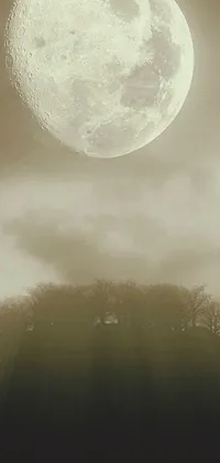 This phone live wallpaper features a black and white photo of a full moon against a beautifully edited hill landscape