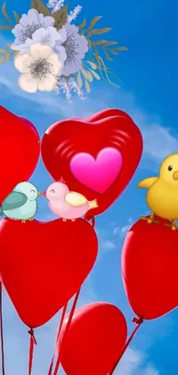 This phone live wallpaper features a lively scene with vibrant balloons showcasing cute birds perching on them