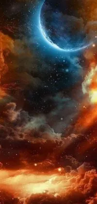 "Experience the wonder of space with this beautiful phone live wallpaper! Featuring an incredible orange fire & blue ice duality planet, adorned by stars and moons with epic clouds and lighting effects, it's a stunning display of cosmic energy
