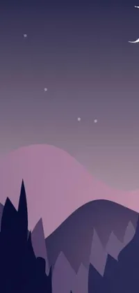 This digital live wallpaper depicts a serene and scenic night with towering mountains and a half moon in the background