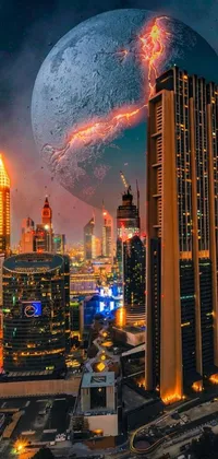 This live phone wallpaper features a stunning cityscape at night, complete with a huge planet in the background