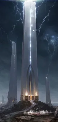 This phone live wallpaper features a futuristic tower with lightning bolt effects