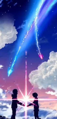 Looking for a stunning live wallpaper that can make your phone look like a dreamy anime scene? This wallpaper features a beautiful couple standing in the sky, surrounded by anime clouds and vibrant fireworks that light up the sky