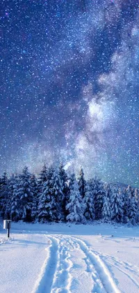 Get lost in the beauty of winter with this live wallpaper featuring a snowy field and tracks, deep forest, and a stunning ski resort view with snow-covered mountains on a clear night sky with the milky way galaxy