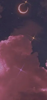 This phone live wallpaper features dreamy and ethereal clouds floating across a tumblr-like space art backdrop, adorned with a crown of pink lasers and a mellow, grainy texture in low quality