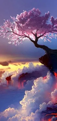 This live wallpaper for phones features a picturesque fantasy tree standing tall on a cliff, surrounded by stunning pink and red cherry blossoms and bathed in the warm glow of a picturesque sunset