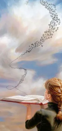 This phone live wallpaper features a serene airbrush painting of a woman holding a book in front of a flock of birds