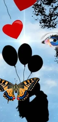 This lively phone live wallpaper features a close-up of vibrant, helium-filled balloons and a delicate butterfly with heart-shaped eyes