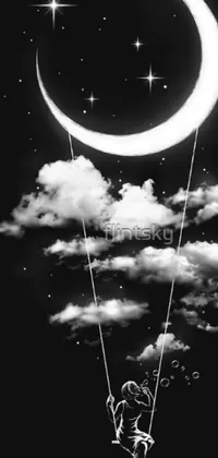 This phone live wallpaper showcases a captivating digital art piece featuring a black and white photo of a person on a swing against a black background