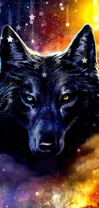 Looking for a phone live wallpaper that depicts a wolf with a full moon in the background? This psychedelic art-inspired picture comes in colorful galaxy theme colors